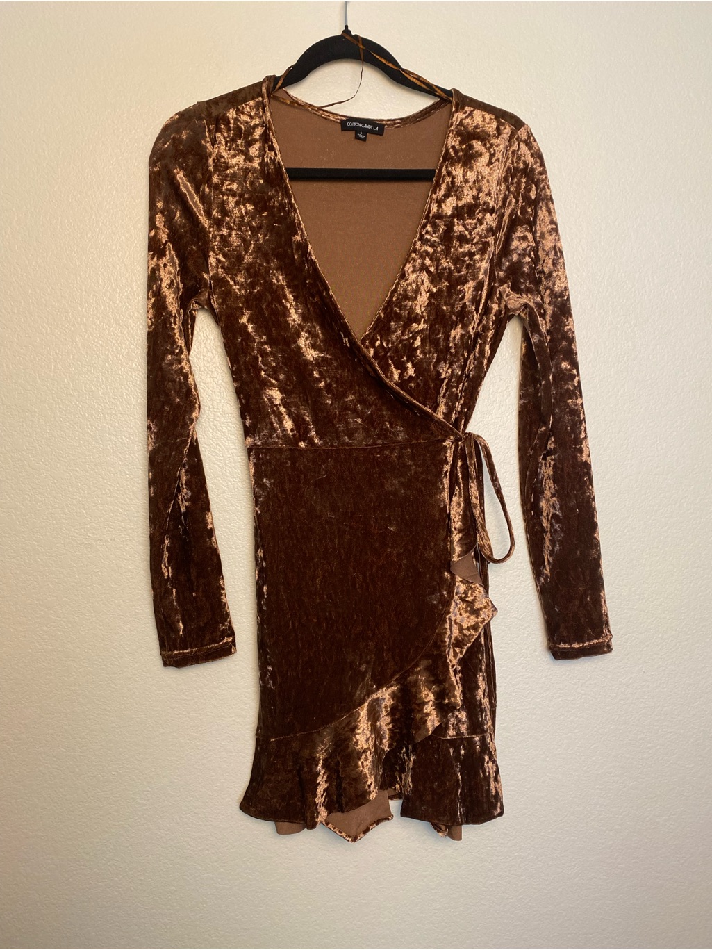 Euc Cotton Candy La Velvet Wrap Dress Brown Mini Ruffle Hem Size Small